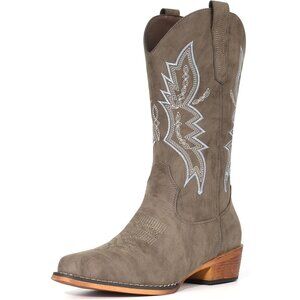 Women's Khaki Western Boots Cowgirl Boots Pull On Pointy Toe Mid Calf Boots